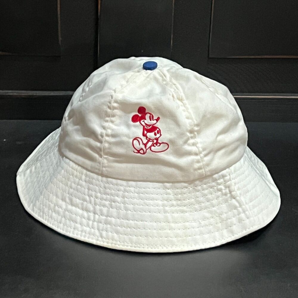 Vintage 80s Mickey Mouse Bucket Hat Disney Made in USA White Red Blue Large